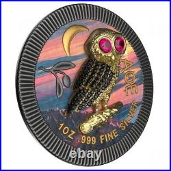 1 Oz Silver Coin 2021 $2 Niue Athenian Owl Swarovski Bejeweled Night River