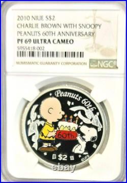 2010 Niue Silver 2 Dollars Peanuts Charlie Brown & Snoopy Ngc Pf 69 Ultra Cameo