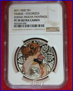 2011 Niue. 999 Silver Zodiac Taurus Coin NGC Graded PR70 Mucha Painting Bullion