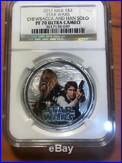 2011 STAR WARS Chewbacca & Han Solo 1 OZ. SILVER COIN NGC PF70 ULTRA CAMEO