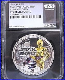 2011 STAR WARS R2-D2 and C-3PO COLORIZED 1oz PURE SILVER COIN NIUE $2 PF-70 UC