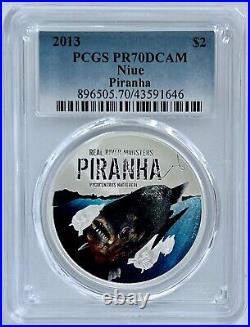 2013 Niue $2 Real River Monsters Piranha Colorized Silver Coin PCGS PR70DCAM