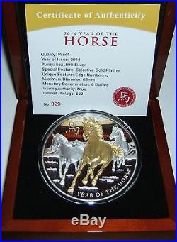 2014 Niue Year of the Horse $8 5oz Gilded Proof Silver Coin Mint Box & COA 029
