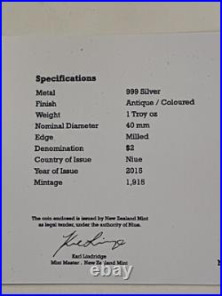 2015 1oz SILVER ANTIQUED COLORIZED COIN. WW1 THE HEROES OF NIUE. #0166 OF 1,915