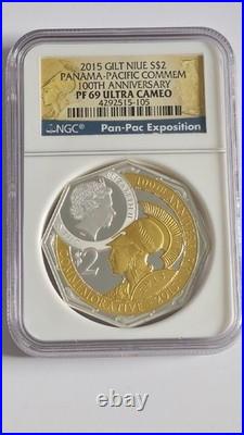 2015 GILT NIUE Silver $2 PF 69 2 Oz. Panama-Pacific 100th Anniversary NGC Coin