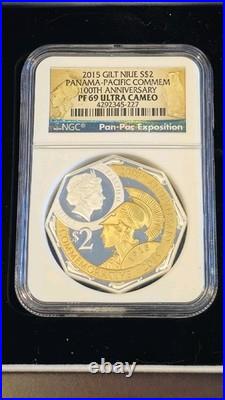 2015 GILT NIUE Silver $2 PF 69 2 Oz. Panama-Pacific 100th Anniversary NGC Coin