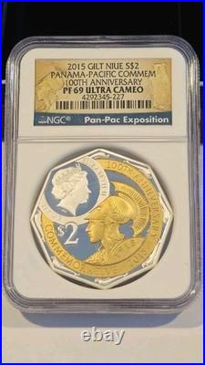 2015 GILT NIUE Silver $2 PF 69 2 Oz. Panama-Pacific 100th Anniversary NGC Coin