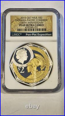2015 GILT NIUE Silver $2 PF 69 2 Oz. Panama-Pacific 100th Anniversary NGC Coin