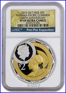 2015 Niue $2 2 Oz Gilt Silver Panama-Pacific Octagonal Coin NGC PF69 UC SKU37561