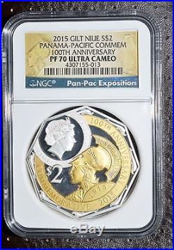 2015 Niue $2 2oz Panama Pacific 100th Anniver Comm. Coin/PF70 Gold/Silver