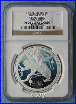2015 Niue $2 Giant Squid 1 oz. 999 Silver Colorized NGC Graded PF 70 Ultra Cameo
