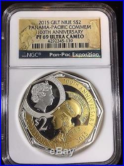 2015 Niue $2 PANAMA-PACIFIC Gilt 999 2oz Silver Octagonal Coin NGC PF69 UC