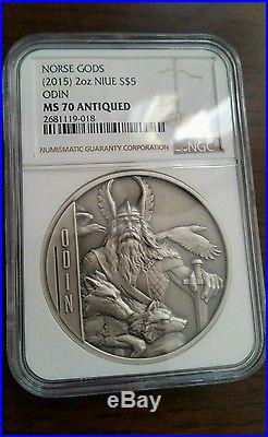 2015 ODIN Norse Gods Niue $5 2oz Silver High Relief Antique Finish Coin NGC MS70