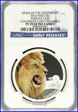 2016 Niue Kings Of Continents African Lion Colorized NGC PF70 UC Silver. 999 OZ
