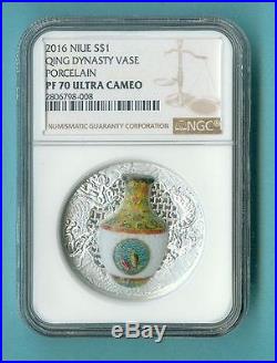 2016 Niue Silver $1 Qing Dynasty Vase Porcelain PF70 UC NGC Coin RARE