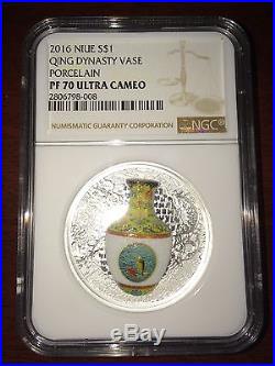 2016 Niue Silver $1 Qing Dynasty Vase Porcelain PF70 UC NGC Coin RARE