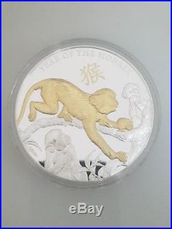 2016 Niue Year of the Monkey Lunar 5 oz Silver $8 Proof Coin with Gold Gilding