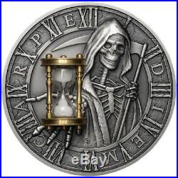 2018 2 Oz Silver $5 Niue CARPE DIEM Grim Reaper Hourglass, Antique Finish Coin