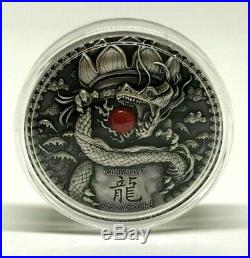 2018 Niue $2 CHINESE DRAGON Ultra High Relief Red Coral 2 Oz Silver Coin