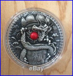 2018 Niue CHINESE DRAGON ANTIQUE 2 OZ SILVER COIN WITH RED CORAL DRAGONS SERIES