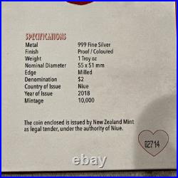 2018 Niue Disney Heart Shaped Love 1 Oz Silver Proof Coin W Box