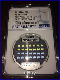 2018 Niue Silver $2 Space Invaders Lenticular 1 oz PF70 UC FR NGC Coin