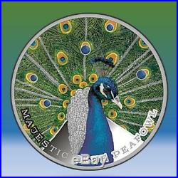 2019 Majestic Blue Peafowl Peacock 1 Oz Colored Silver Proof Coin Swarovski