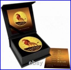 2019 NIUE $2 Disney Lion King Colorized Gold Gilded 1oz Coin Box & COA #37/100