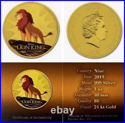 2019 NIUE $2 Disney Lion King Colorized Gold Gilded 1oz Coin Box & COA #37/100