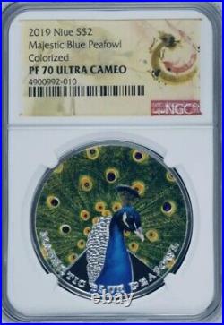 2019 Niue MAJESTIC BLUE PEAFOWL 1 oz. Proof Silver Coin NGC PF 70 Ultra Cameo