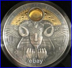 2020 Amun-Ra Divine Faces Of The Sun 3 oz Antiqued Silver Coin withAmber 5$ Niue