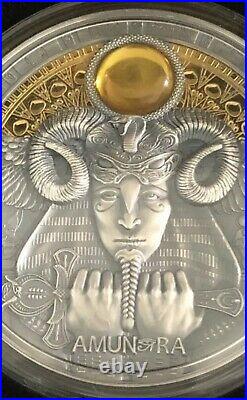 2020 Amun-Ra Divine Faces Of The Sun 3 oz Antiqued Silver Coin withAmber 5$ Niue