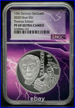 2020 Niue $1 19thCentury Geniuses Edison NGC PF69 UCAM Lightning Label withOGP&COA