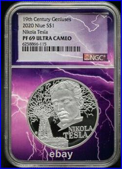 2020 Niue $1 19th Century Geniuses Tesla NGC PF69UCAM Lightning Label withOGP&COA