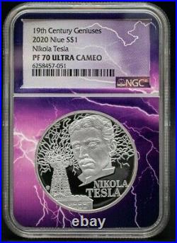 2020 Niue $1 19th Century Geniuses Tesla NGC PF70 UCAM Lightning Label withOGP&COA