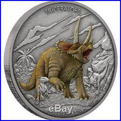 2020 Niue 1 Ounce Dinosaurs Triceratops Color Antique. 999 Silver Proof Coin