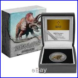 2020 Niue 1 Ounce Dinosaurs Triceratops Color Antique. 999 Silver Proof Coin