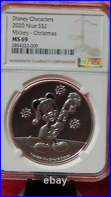 2020 Niue $2 Christmas Mickey NGC MS69 Disney 1 Oz. 999 Silver Coin
