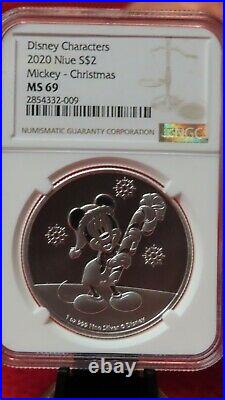 2020 Niue $2 Christmas Mickey NGC MS69 Disney 1 Oz. 999 Silver Coin