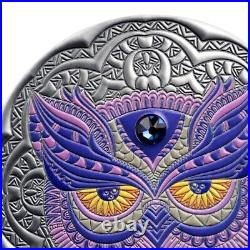 2020 Niue Mandala Owl 2 oz Antiqued Silver with Swarovski Insert Mintage of 500