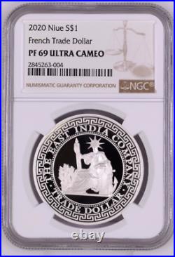 2020 Niue PROOF French Trade Dollar Restrike Silver 1 oz NGC PF69 UC COA+box
