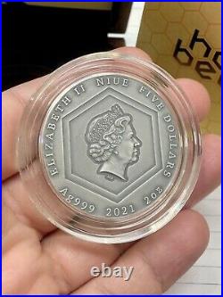 2021 $5 Niue Honey Bee 2oz Fine Silver Antiqued High Relief Coin 500 Mintage