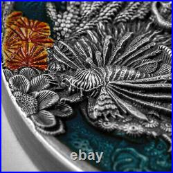 2021 Coral Reef Octopus 2 oz Hi Relief antiqued. 999 silver coin-500 minted