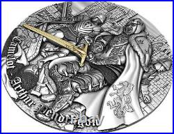 2021 Niue 2 Ounce Camelot Arthur Pendragon High Relief Gilded Silver Coin