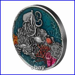 2021 Niue $5 Coral Reef Antiqued Colorized 2 oz. 999 Silver Coin 500 Made