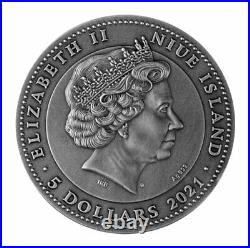 2021 Niue $5 Ruby Scarabaeus Antiqued 2 oz Silver Coin withGemstone Mintage 500