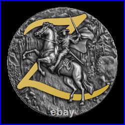 2021 Niue $5 Zorro 2 oz Silver Coin Antiqued withGold Gilding 500 Made