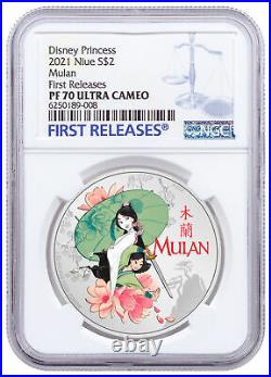 2021 Niue Disney Princess Mulan 1 oz Silver Colorized $2 Coin NGC PF70 UC FR OGP