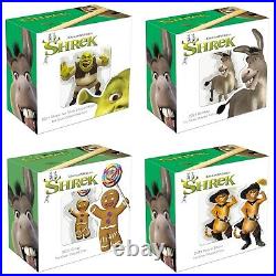 2021 Niue Shrek 4 Coin Set Shrek, Donkey, Puss In Boots, Gingerbread Man Silver