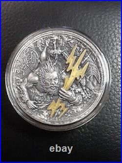2021 Niue ZEUS Gods 2 Oz Antique Finish with Gold Gilding Silver Coin Excellent